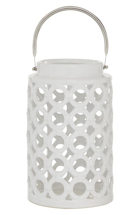 White Ceramic Circles Pillar Candle Lantern with Cut Out Design