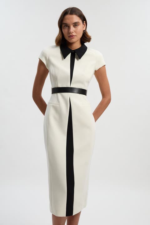 Contrast Collar Tailored Midi Dress