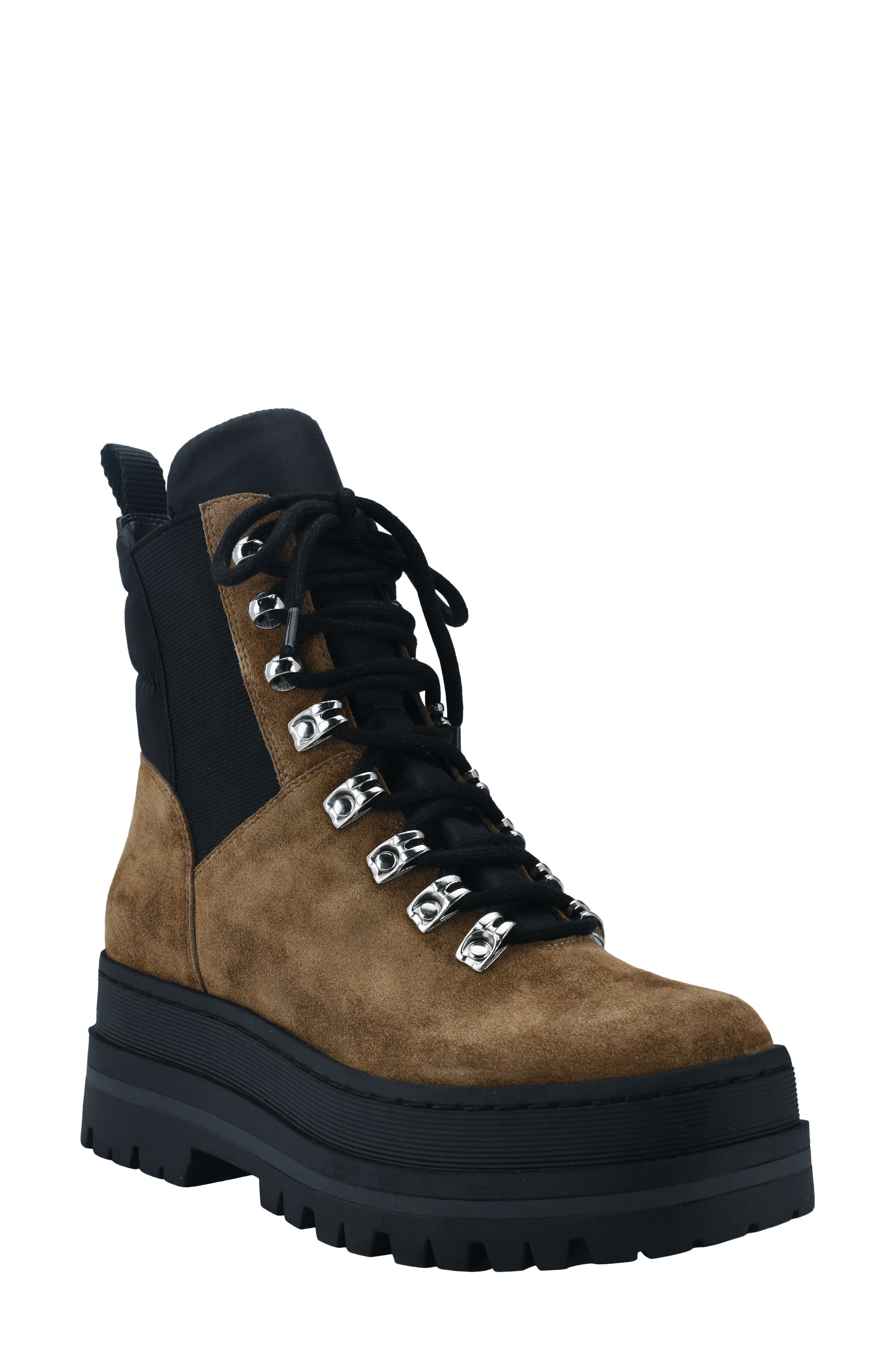 Plune Lace-Up Lug Sole Bootie, Main, color, BIRRA/ BLACK SUEDE
