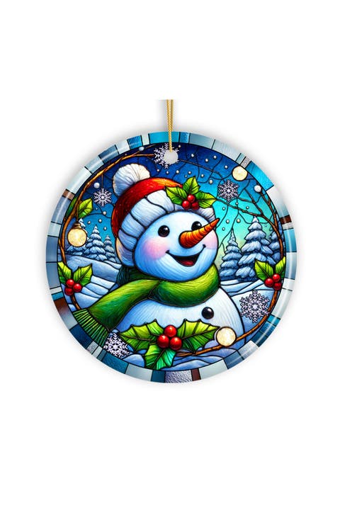 Stained Glass Snowman Holly Wreath Ornament