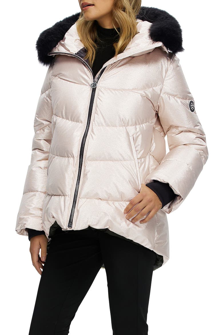 Apres-Ski High-Low Jacket with Detachable Genuine Shearling Hood Trim, Alternate, color, GOLD/BLACK