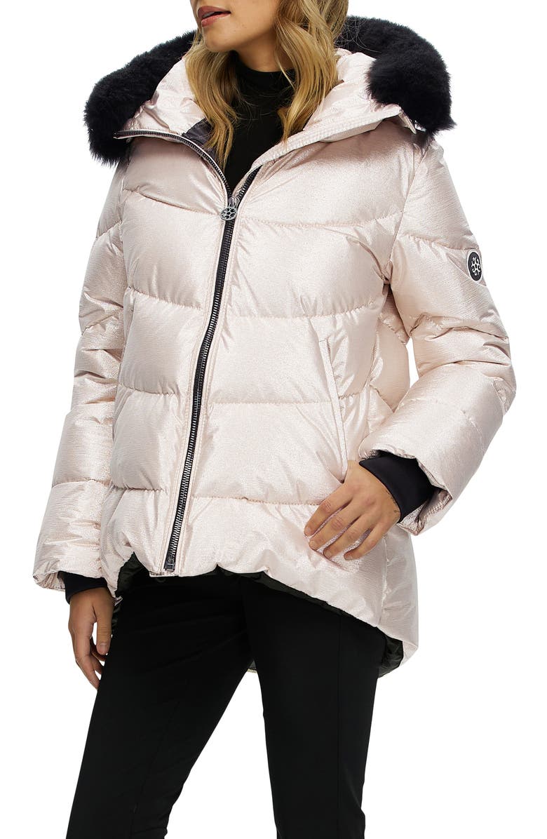 GORSKI Apres-Ski High-Low Jacket with Detachable Genuine Shearling Hood Trim, Alternate, color, Gold/Black