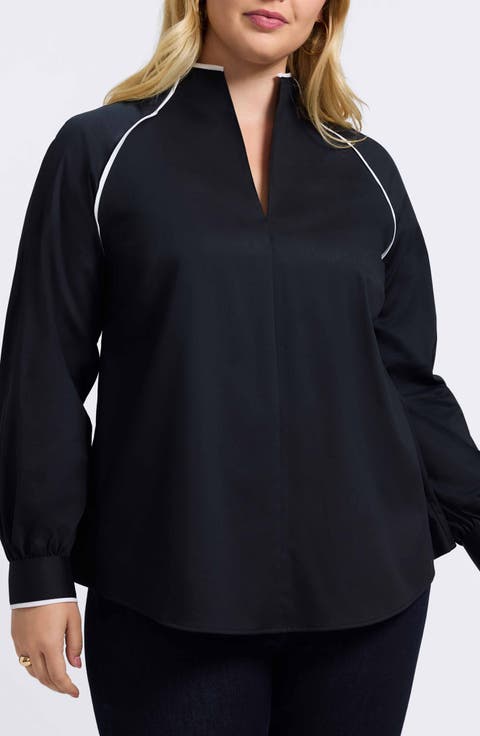 Daphne Contrast Piping Stretch Cotton Blend Pullover (Plus)