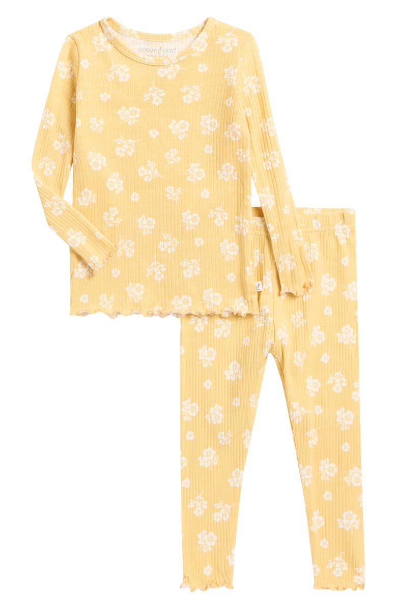 Poppy & Clay Stretch Organic Cotton Fitted Two-Piece Pajamas, Main, color, Yellow Grnd Ivory Flower