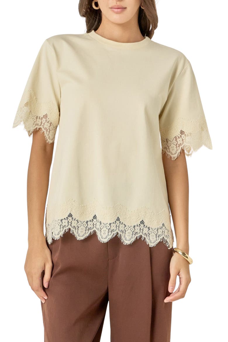 Lace Trim Cotton T-Shirt, Main, color, CREAM