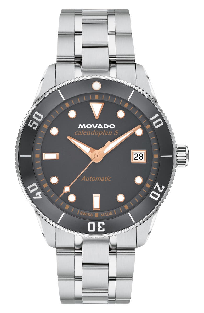 Movado Heritage Calendoplan S Automatic Bracelet Strap Watch, 40mm, Main, color, Gray