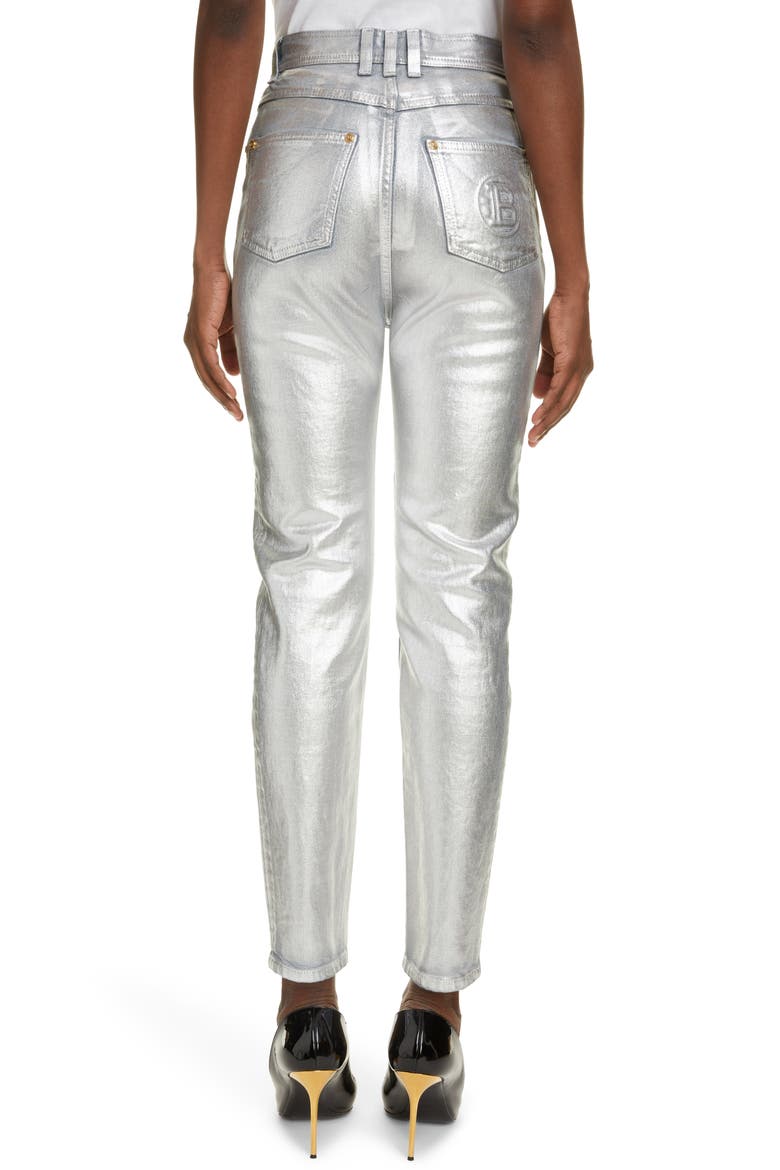 Metallic High Waist Slim Fit Jeans, Alternate, color, 9KA ARGENT
