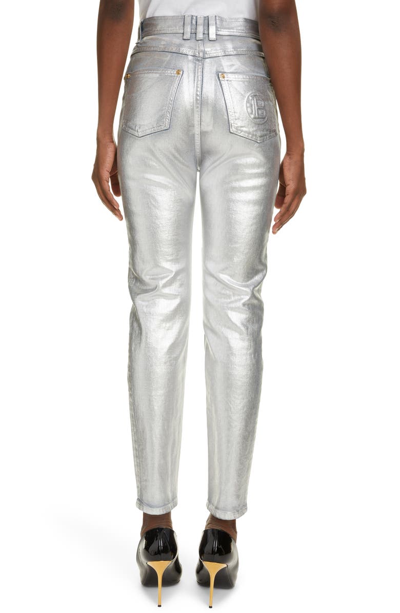 Balmain Metallic High Waist Slim Fit Jeans, Alternate, color, 
