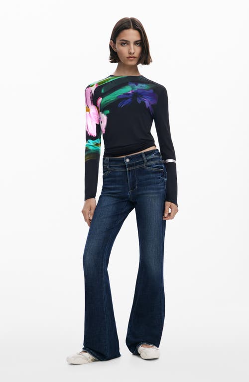 Desigual Abstract Floral Print Long Sleeve T-shirt In Black
