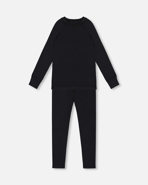 Deux Par Deux Kids Gender Inclusive Merino Wool Base Layer Set In Black