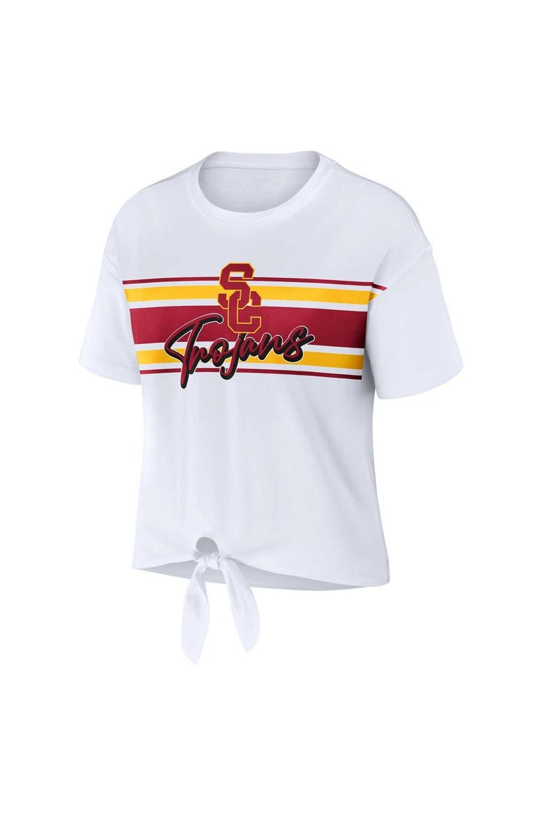 Women's WEAR by Erin Andrews White USC Trojans Striped Front Knot Cropped T-Shirt, Alternate, color, White