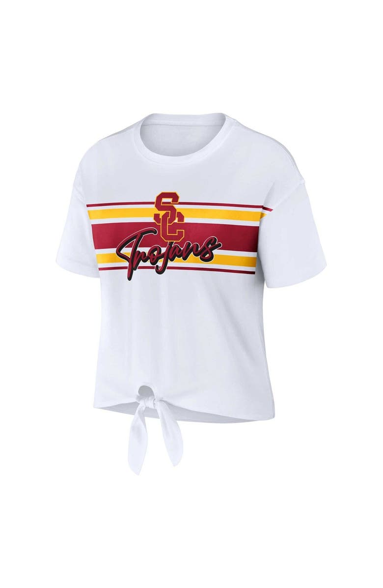 WEAR by Erin Andrews Women's WEAR by Erin Andrews White USC Trojans Striped Front Knot Cropped T-Shirt, Alternate, color, White