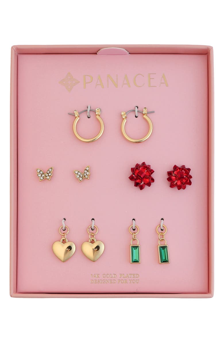 Panacea Set of 5 Bow Stud & Interchangeable Charm Huggie Hoop Earrings, Main, color, Red