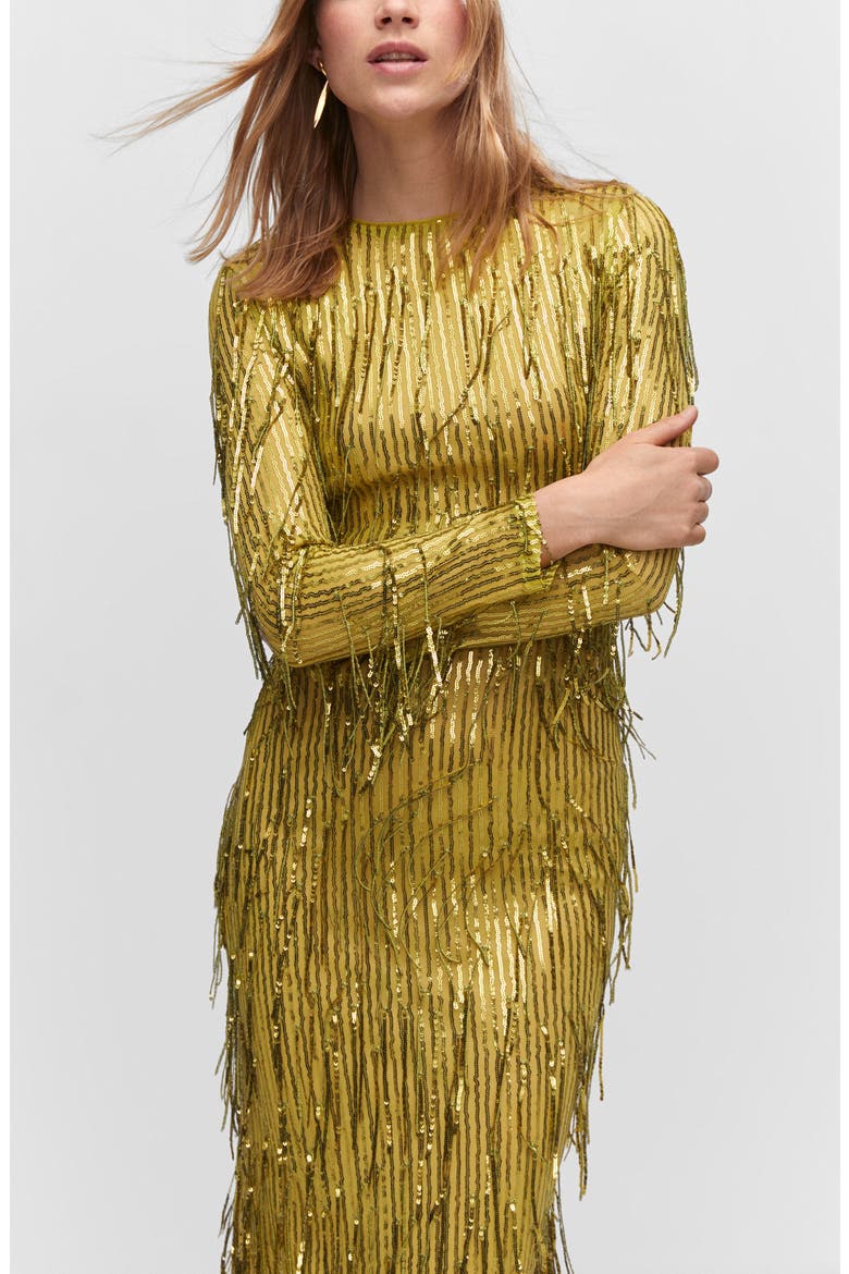 Sequin & Bead Fringe Long Sleeve Dress, Alternate, color, OLIVE GREEN
