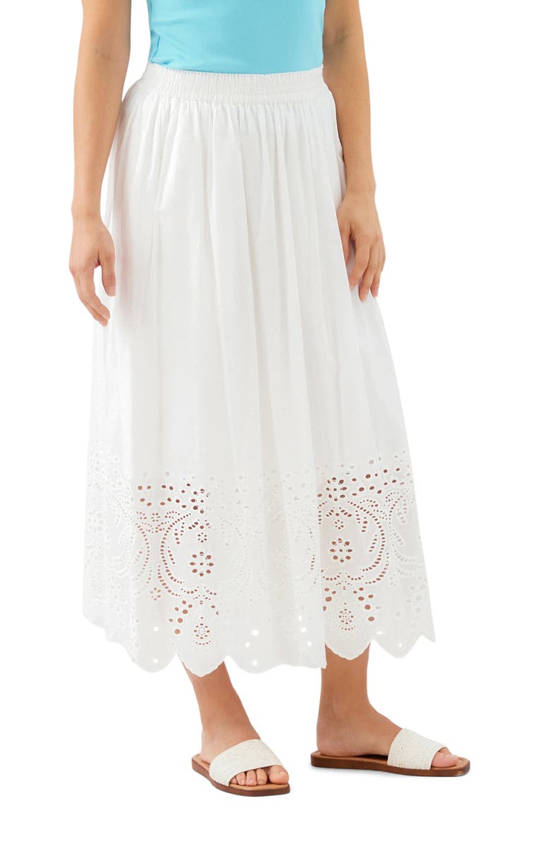 Karen Kane Embroidered Eyelet Cotton Midi Skirt, Alternate, color, Off White