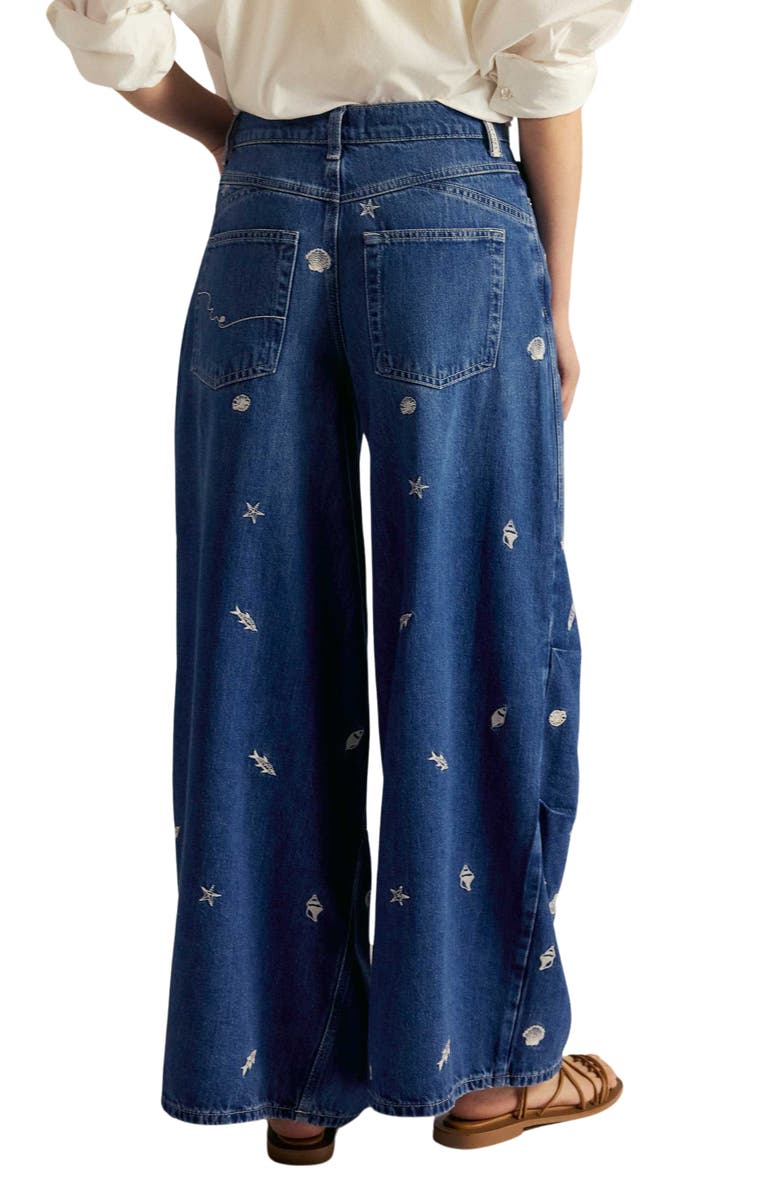 Free People Westward Embroidered Wide Barrel Leg Jeans, Alternate, color, Under The Sea