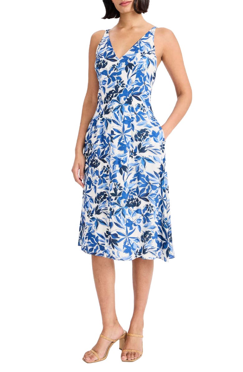 Maggy London Floral Sleeveless Fit & Flare Midi Dress, Alternate, color, Cream/ Navy