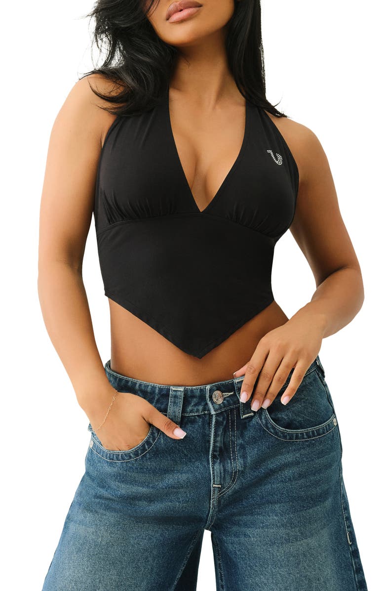 True Religion Rhinestone Stretch Cotton Crop Halter Top, Main, color, 