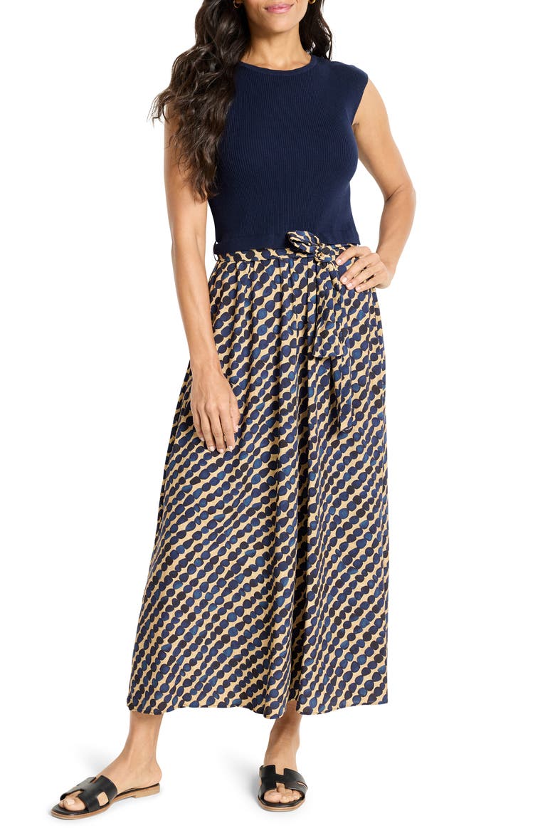 Pebble Dream Mixed Media Cotton Blend Dress, Main, color, INDIGO MULTI