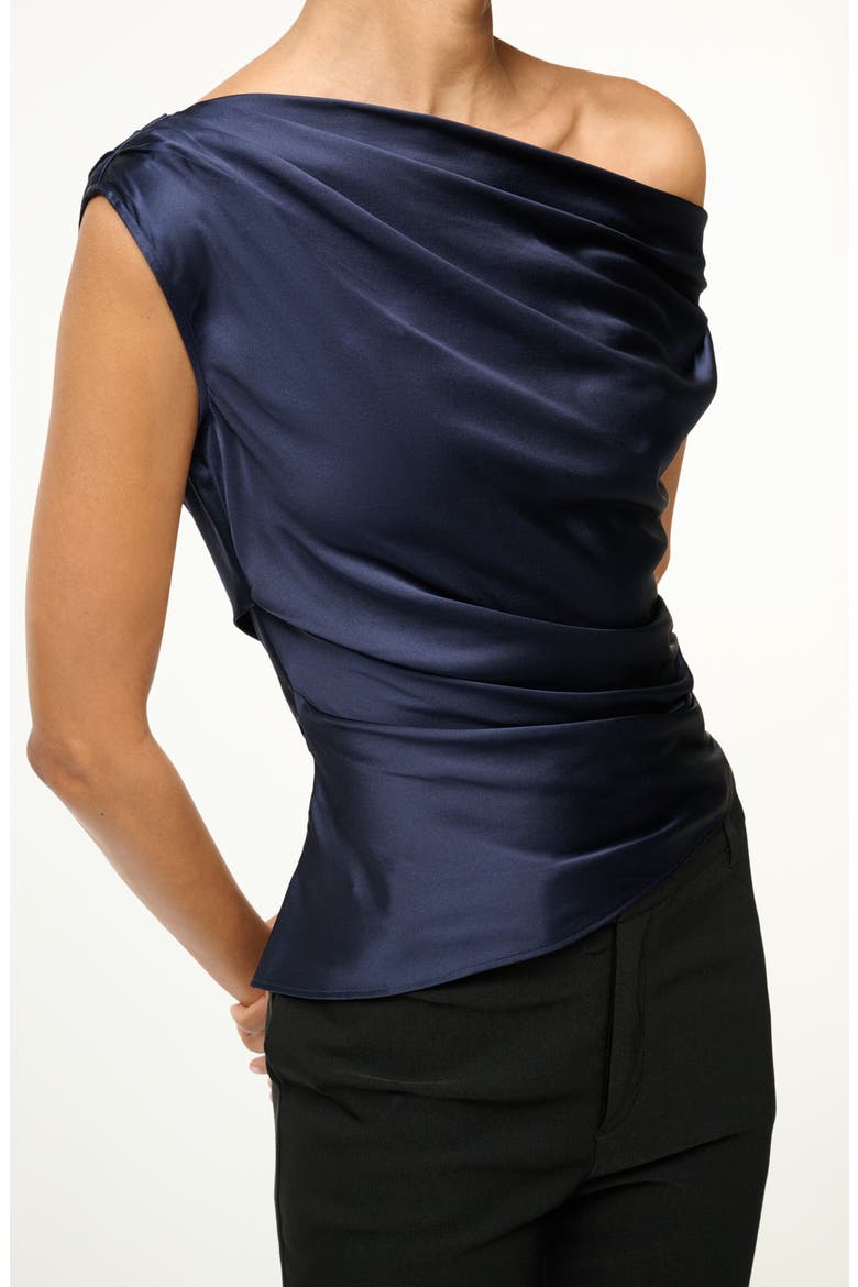 Phare One-Shoulder Stretch Silk Top, Alternate, color, NAVY