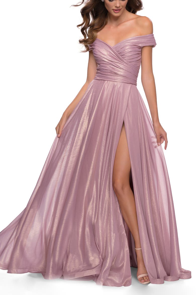 Iridescent Off the Shoulder Chiffon Gown, Alternate, color, PINK METALLIC