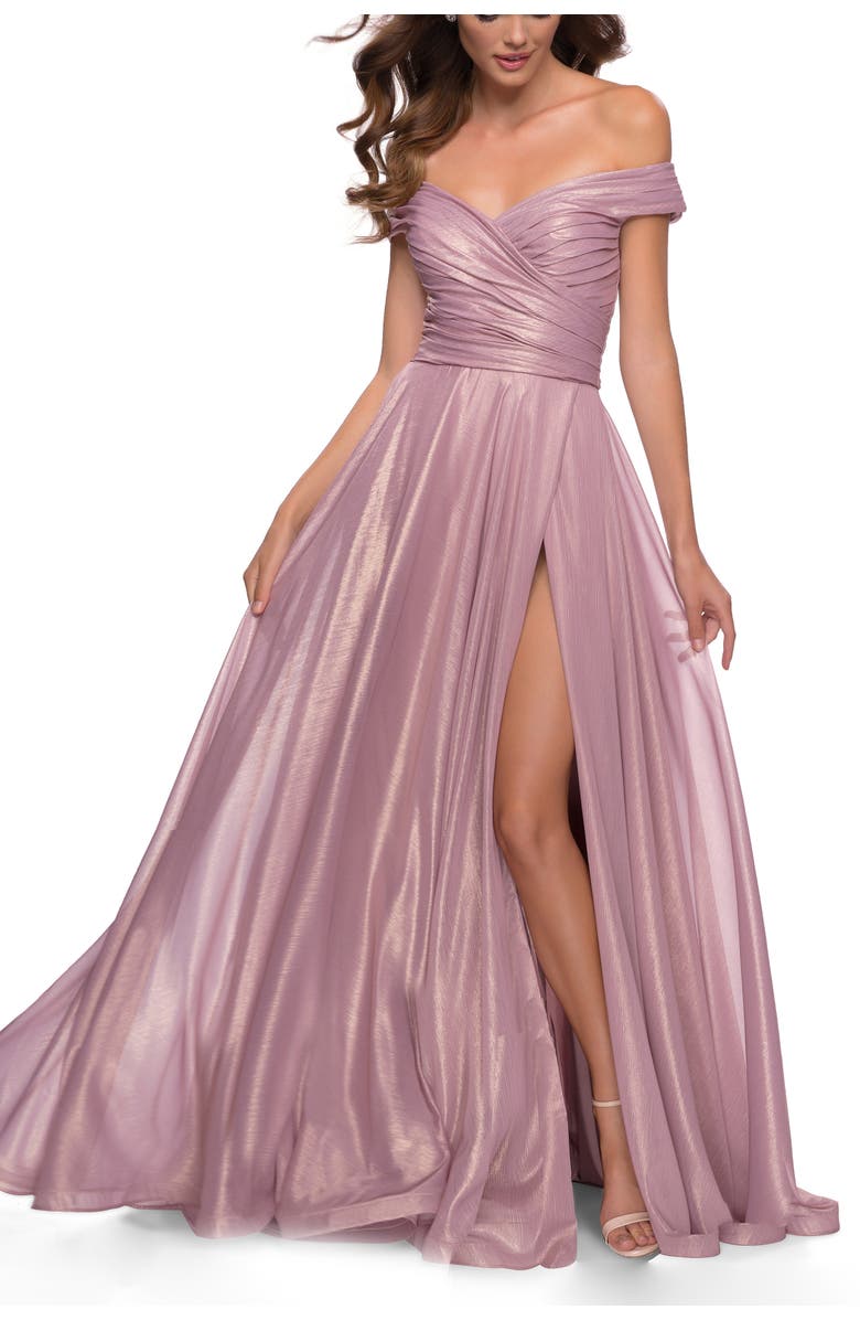 La Femme Metallic Chiffon Gown with Off the Shoulder Top, Alternate, color, Pink Metallic