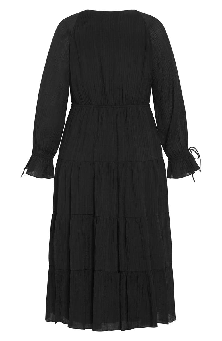 City Chic Jojo Plissé Long Sleeve Midi Dress, Alternate, color, Black