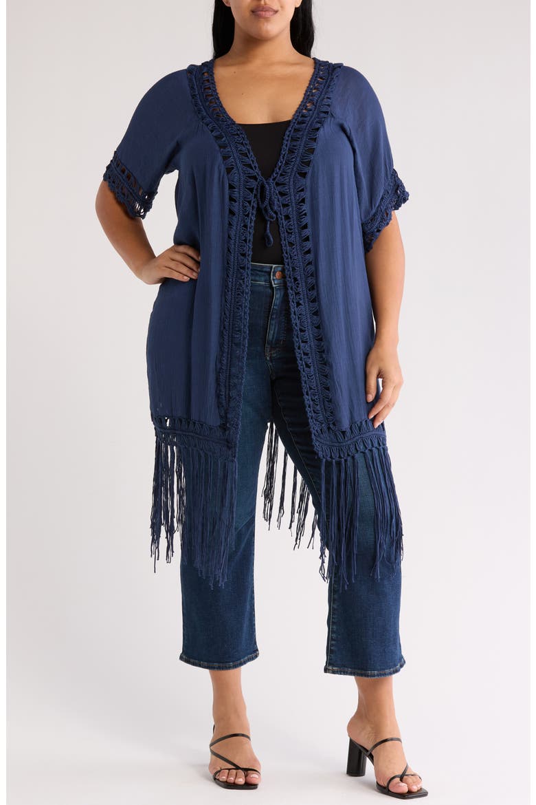 Crochet Trim Fringe Hem Duster, Main, color, NAVY