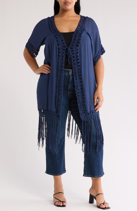 Crochet Trim Fringe Hem Duster (Plus Size)