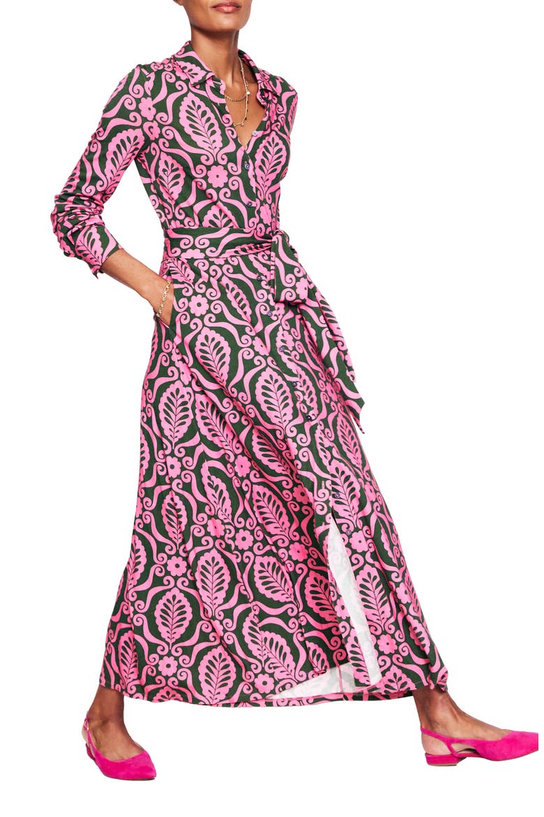 Marcia Print Long Sleeve Maxi Shirtdress, Main, color, PINK FOLIAGE STAMP