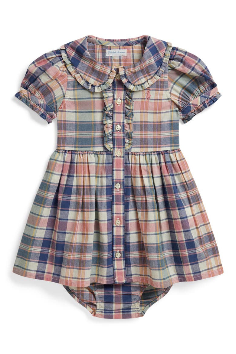 Madras Inspired Plaid Cotton Dress, Main, color, EARTH BLUE-PINK MULTI