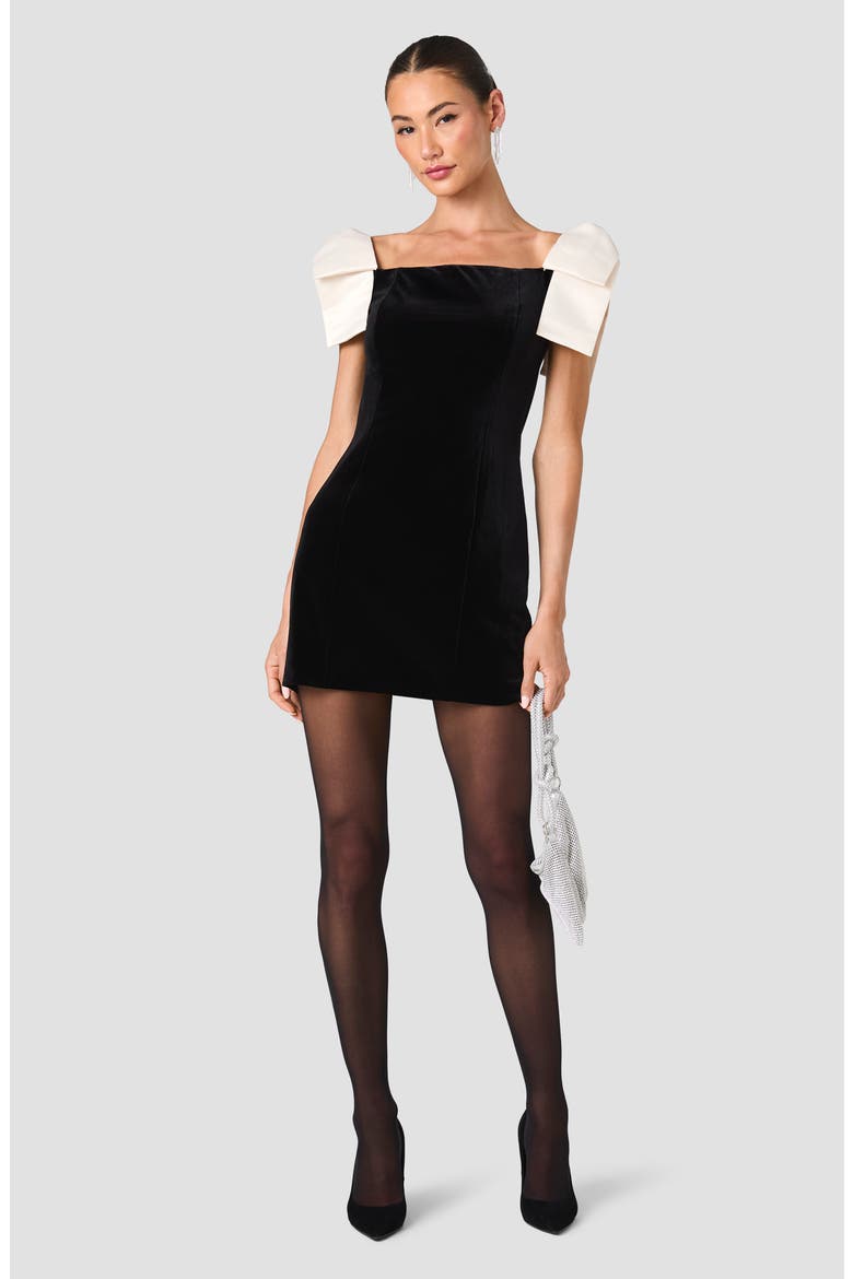 Satin Shoulder Bow Velvet Minidress, Alternate, color, BLACK WITH PORCELAIN CREAM