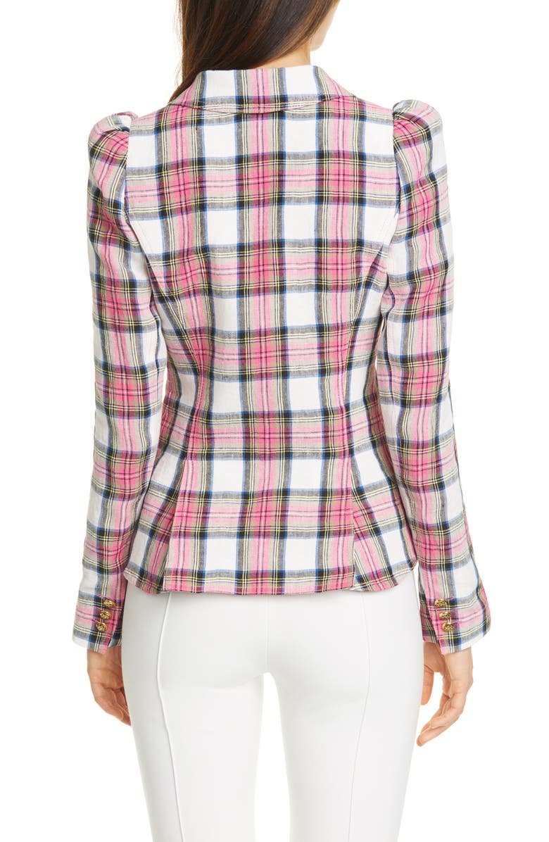 Smythe Plaid Puff Sleeve Linen Blazer, Alternate, color, 