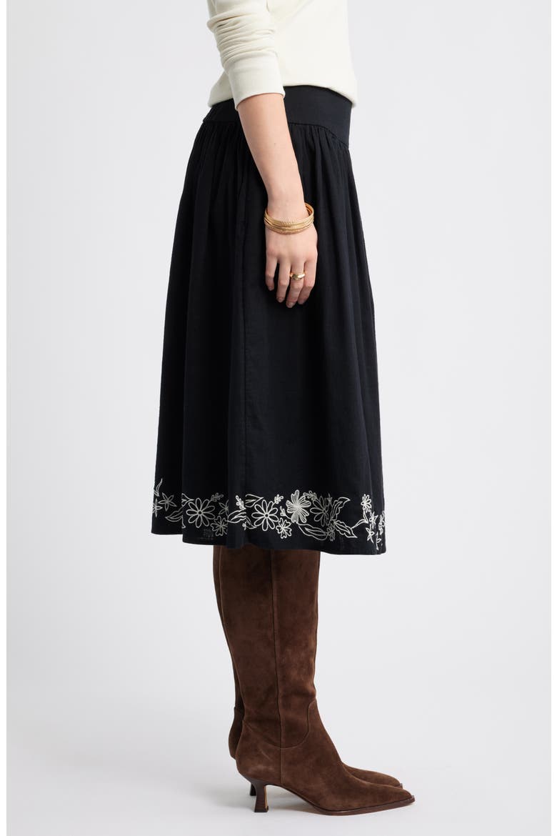 Embroidered Hem Cotton Midi Skirt, Alternate, color, BLACK