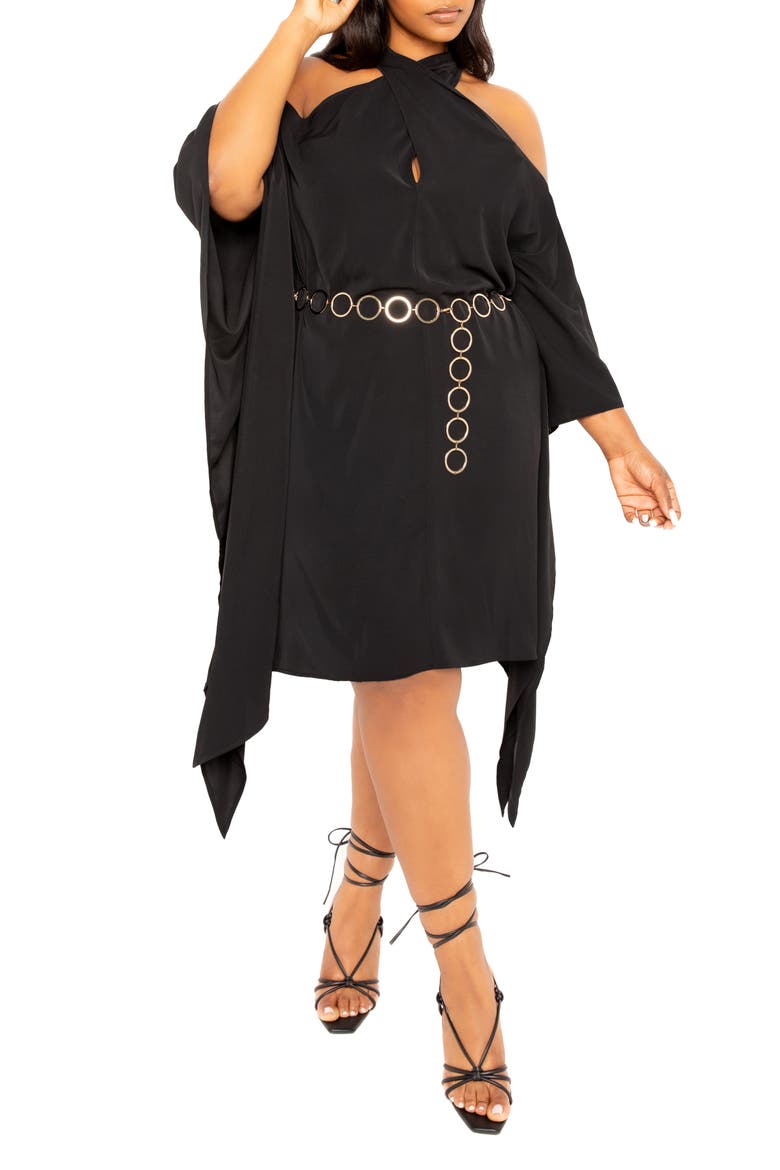 Cross Halter Belted Tunic Dress, Alternate, color, BLACK