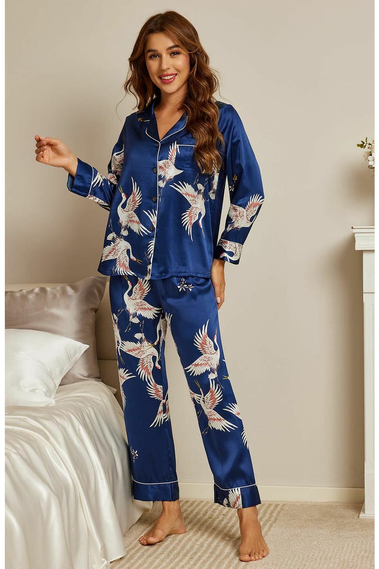 19Momme Pure Silk Printed Classic Binding Trim Womens Pajama set, Alternate, color, DarkBlue