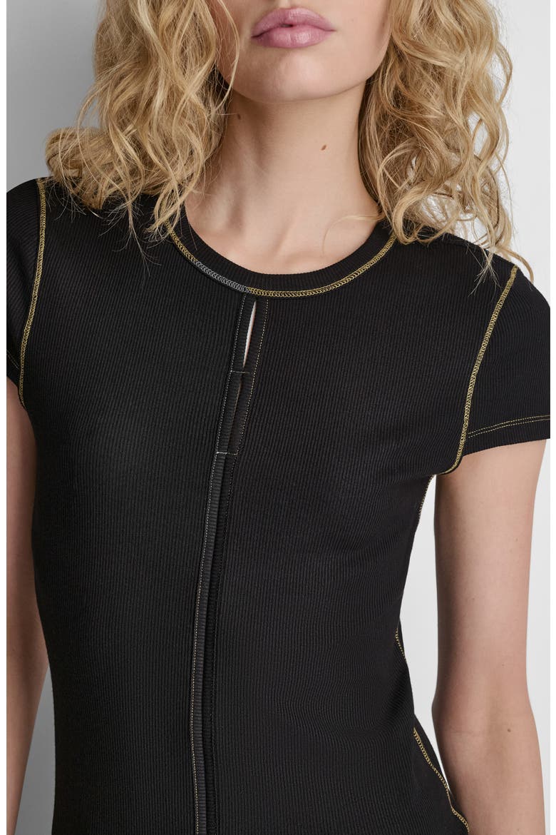 Contrast Stitch Cutout Detail Rib Top, Alternate, color, BLACK
