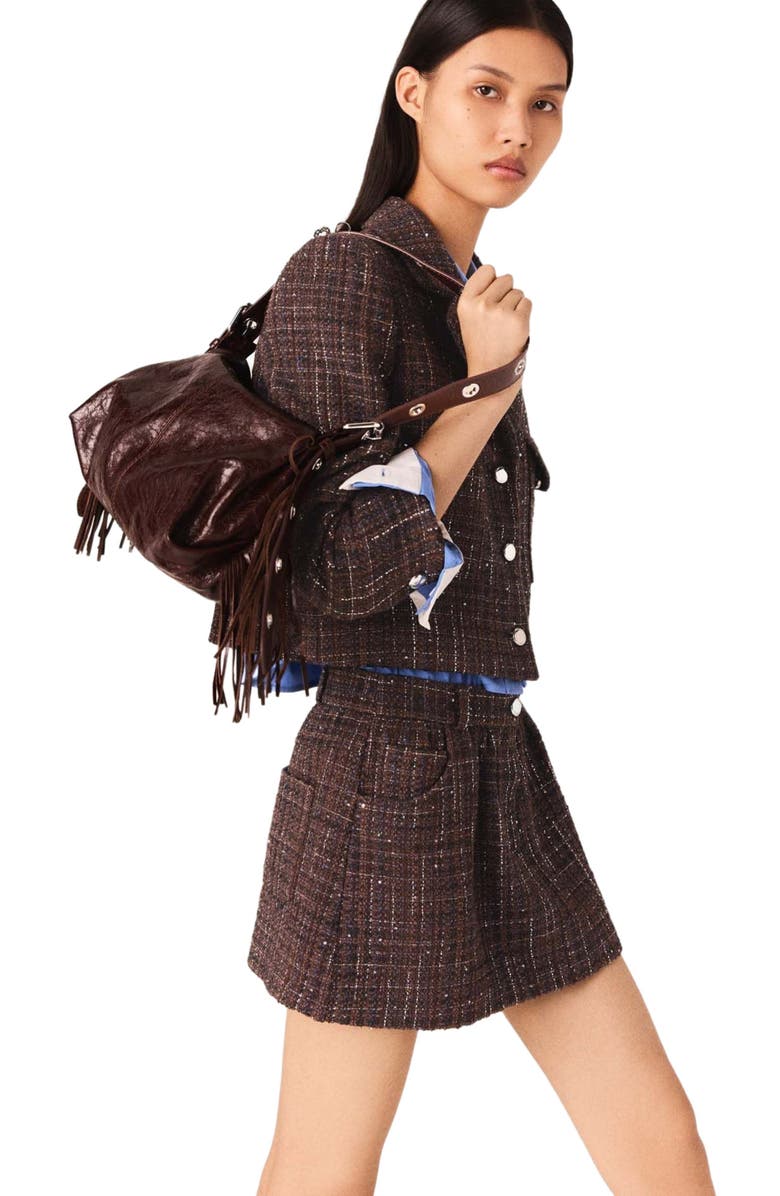 maje Short tweed jacket, Alternate, color, Brown