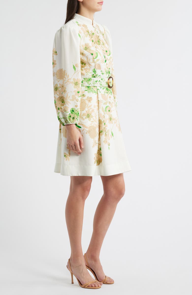 Tahari ASL Border Print Belted Long Sleeve Dress, Alternate, color, Ivory Fern