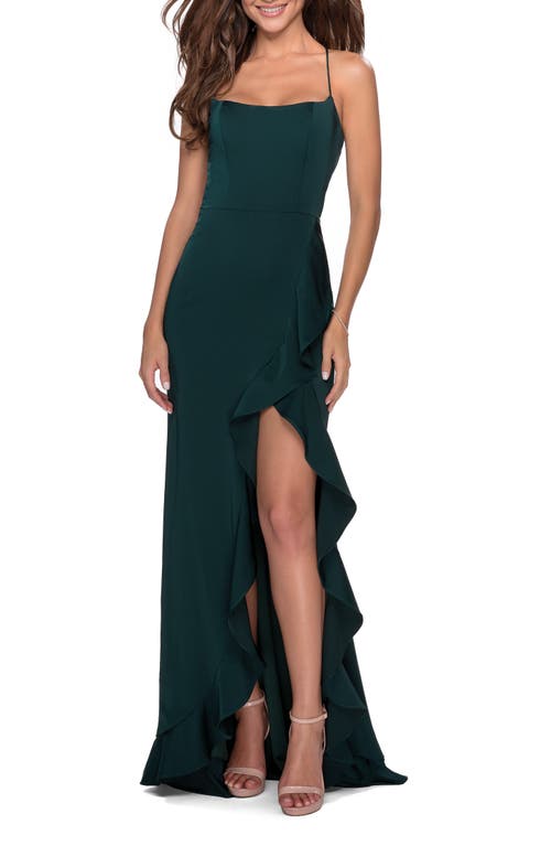 La Femme Ruffle Prom Dress With Scoop Neck And Lace Up Back In Emerald