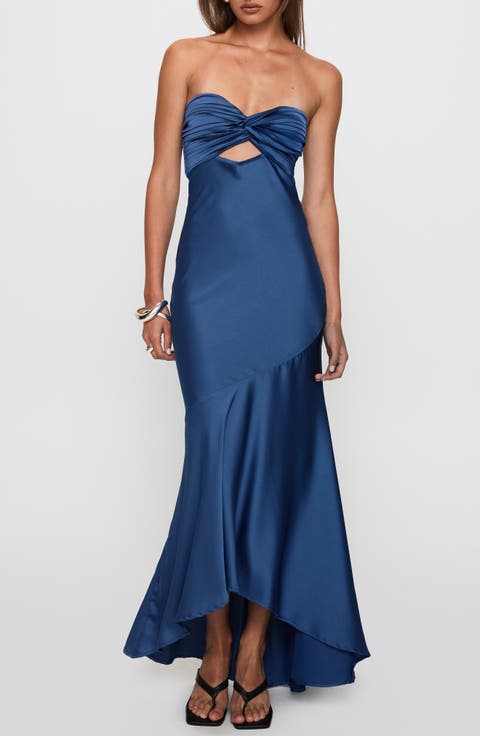 Stand a Chance Twist Detail Strapless Satin Gown