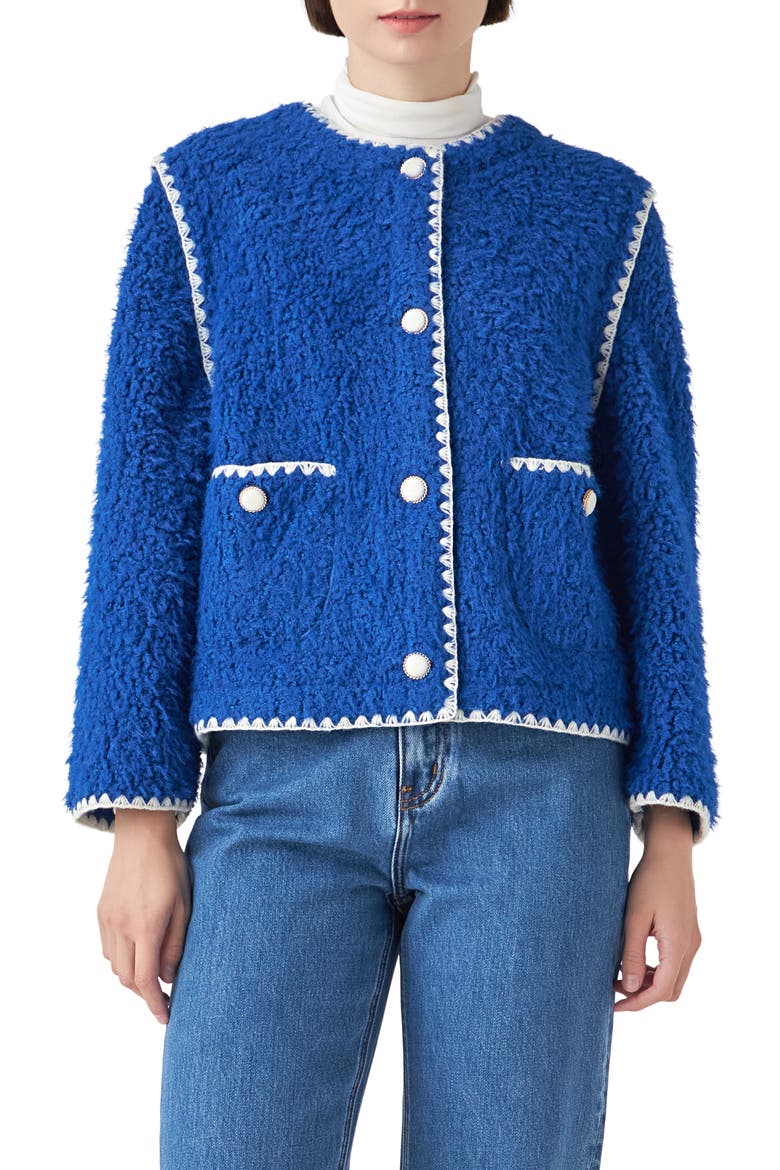 Premium Contrast Trim Faux Shearling Jacket, Main, color, BLUE/ WHITE