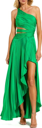 One Shoulder Pleated Charmeuse Gown with Slit