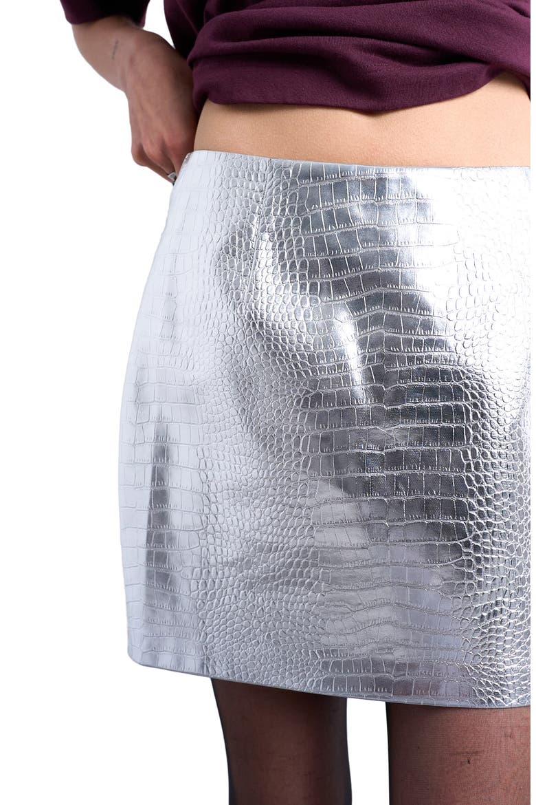 Croc Embossed Metallic Faux Leather Miniskirt, Alternate, color, SILVER