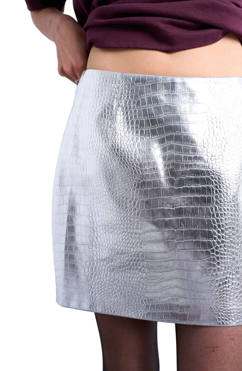 Topshop Croc Embossed Metallic Faux Leather Miniskirt, Alternate, color, Silver