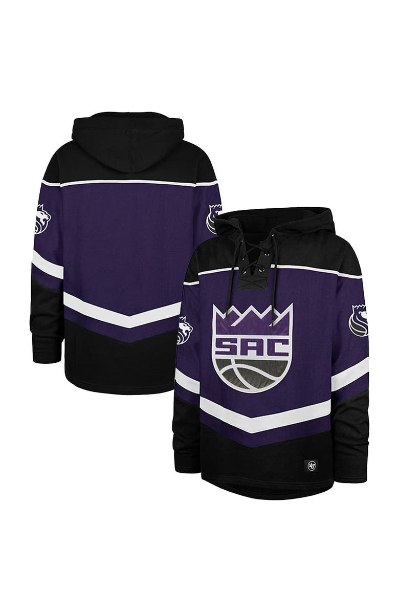 '47 Men's '47 Black Sacramento Kings Oversized Tri-Satin Layup Lacer Pullover Hoodie, Main, color, 