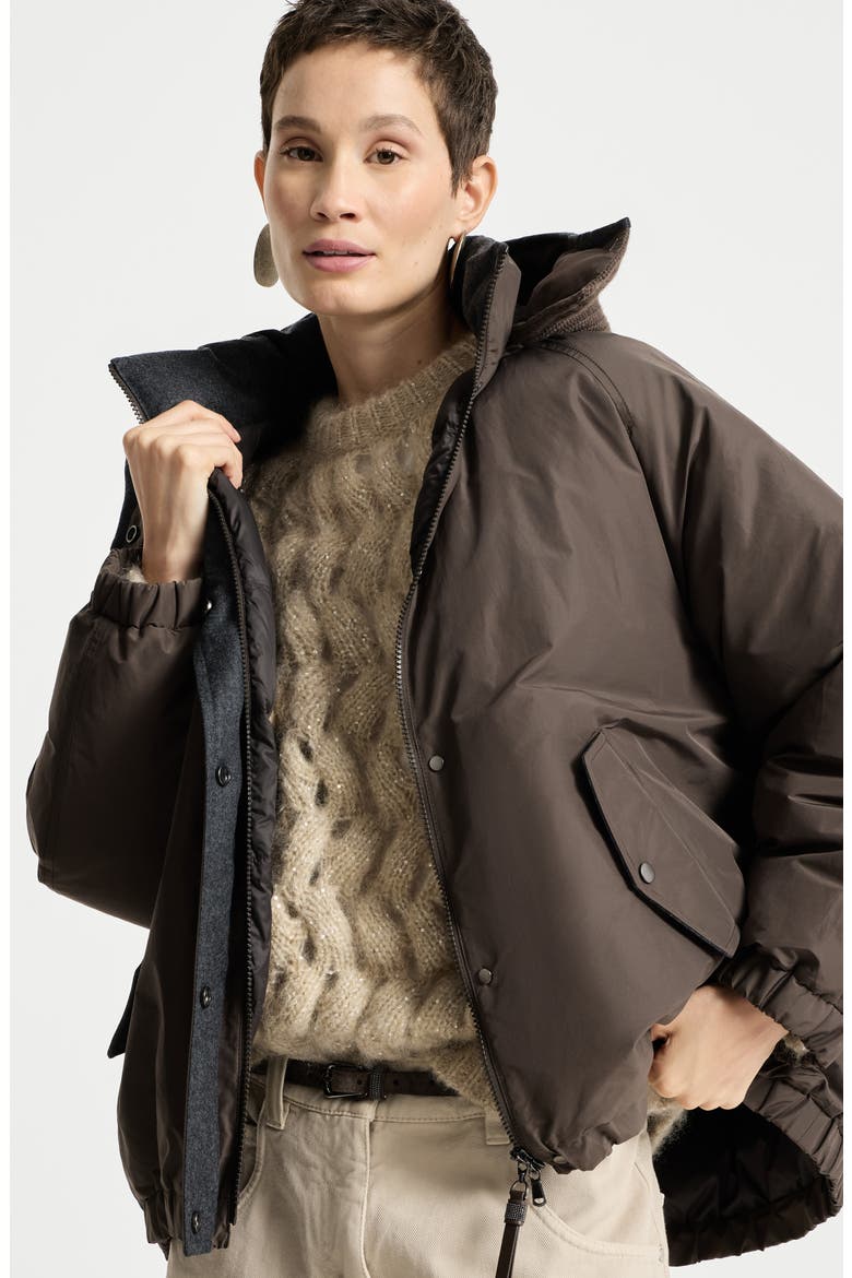 Techno cotton taffeta outerwear jacket with detachable knit hood and shiny zipper pull, Alternate, color, Brown