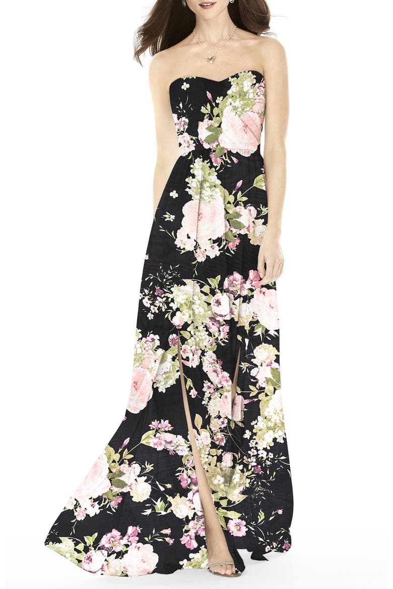 Strapless Front Slit Gown, Main, color, NOIR GARDEN PRINT