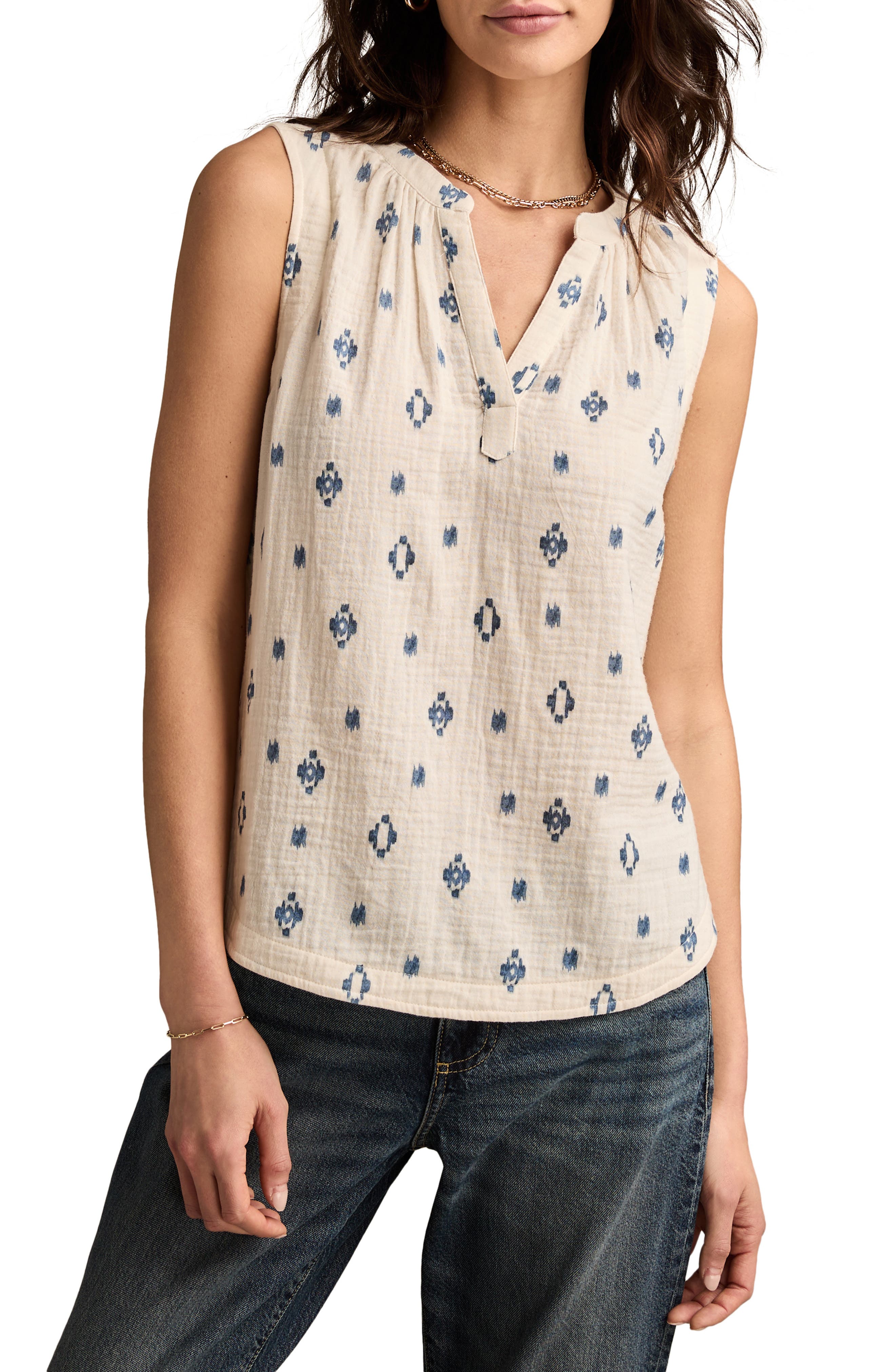 Lucky Brand Ikat Print Sleeveless Cotton Gauze Top