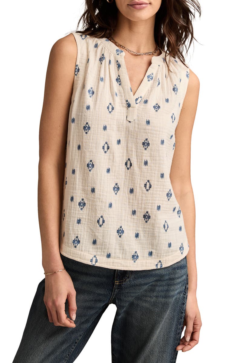 Lucky Brand Ikat Print Sleeveless Cotton Gauze Top, Main, color, Blue Geo